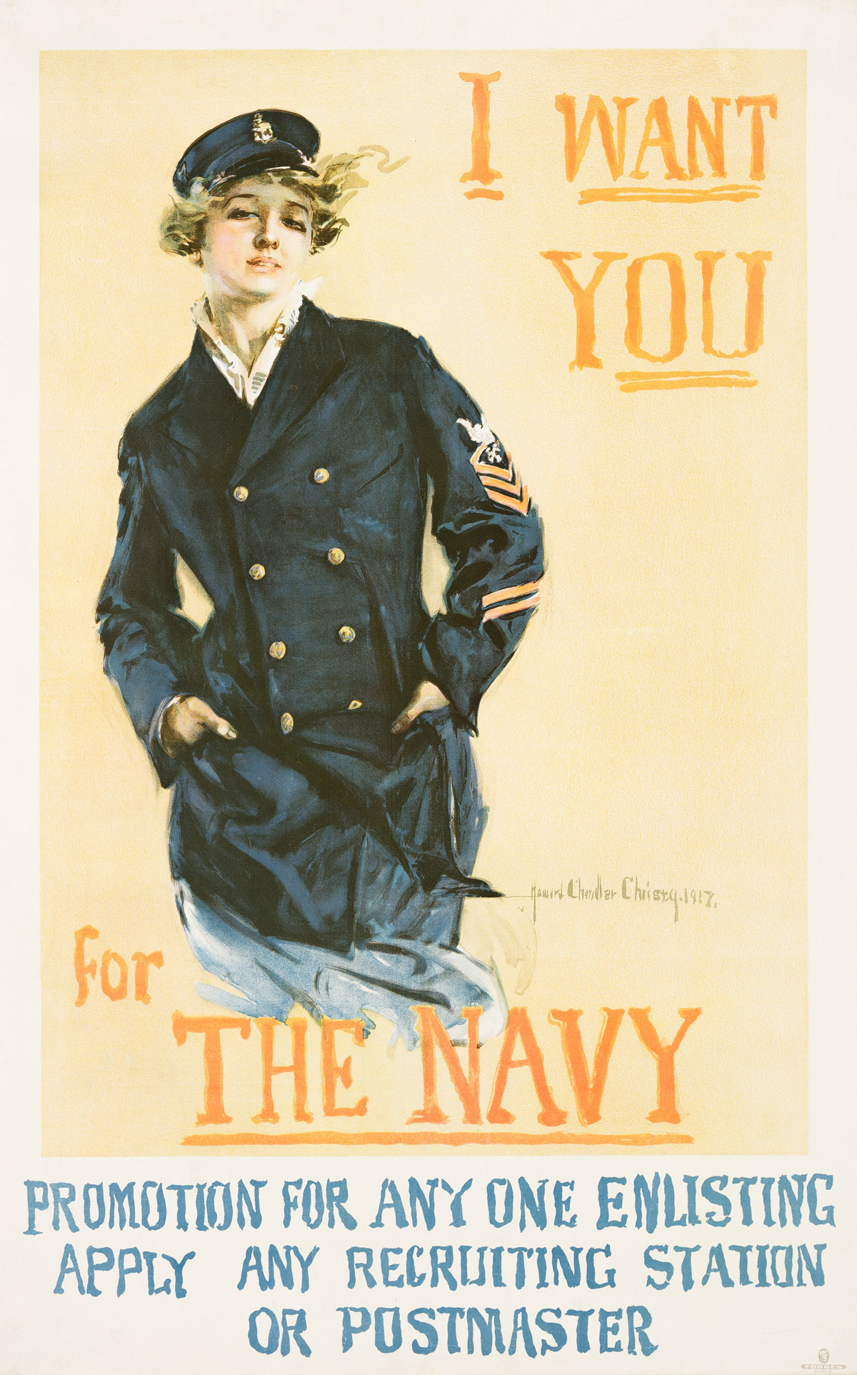 HOWARD CHANDLER CHRISTY (1872-1952).  I WANT YOU FOR THE NAVY. 1917. 40¾x26 inches, 103½x66 cm. Forbes, Boston.